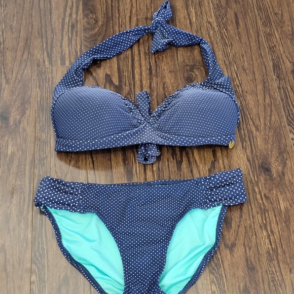Azura Two Piece Halter Top Bikini BathingSuit Halter Tie Neck Navy Polka Dot Mix - Picture 2 of 13